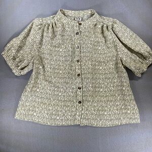 Worthington Green Pattern Button Front Puff Sleeve Blouse Woven Cottagecore
